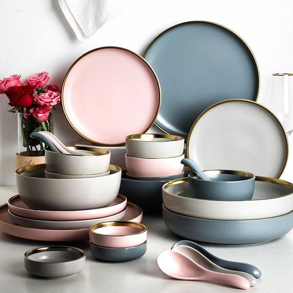 dishes & plates ceramic solid color plate gold inlaid set tableware wall decoration accessory